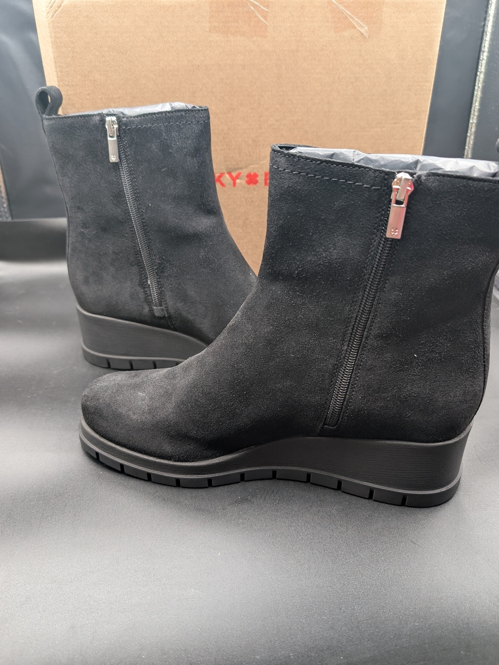 Lucky Brand Black Suede Wedge Ankle Booties